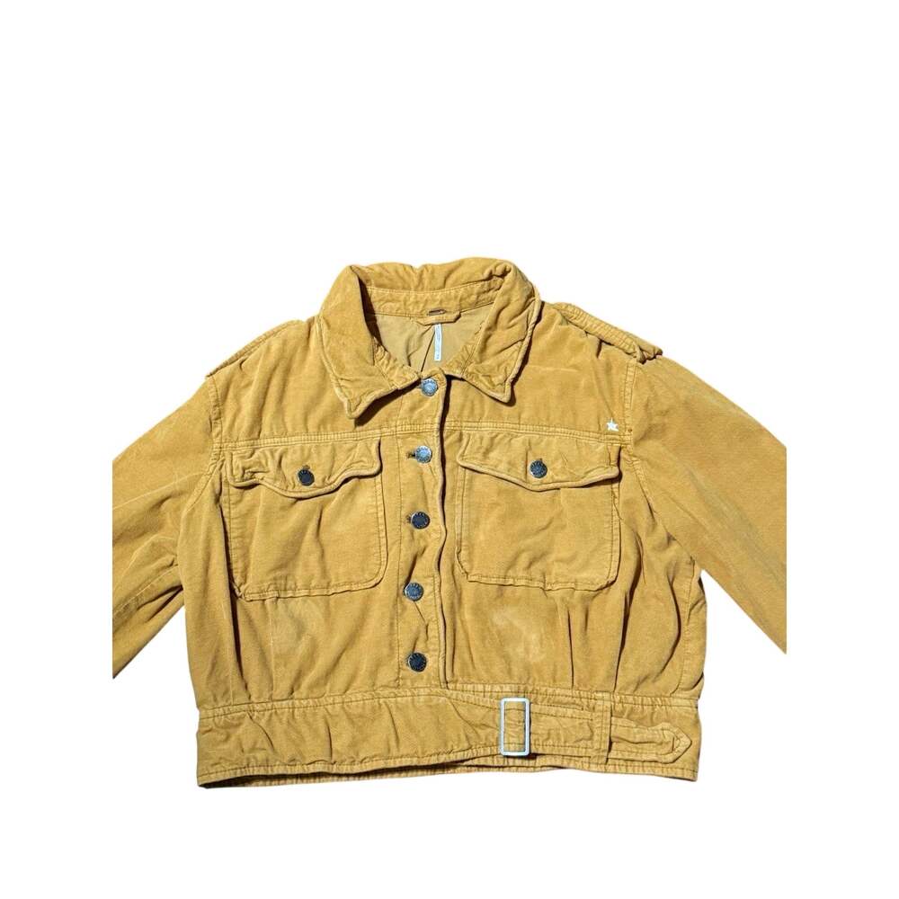 Free People Women's Tan Military Jacket Size M Button Front Pockets Buckle
